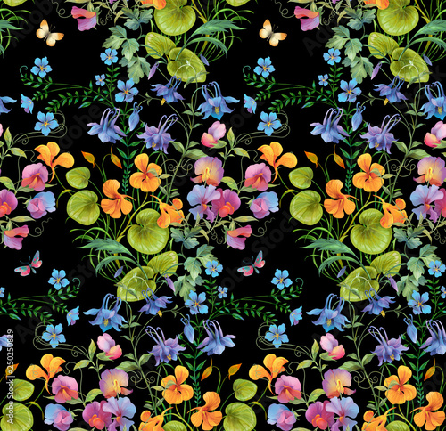 Decorative  composition of different flowers. Seamless background pattern version 2 © Lebedeus