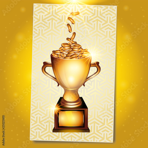 Realistic Golden trophy cup full of gold coins. Victory prosperity success winning concept illustration