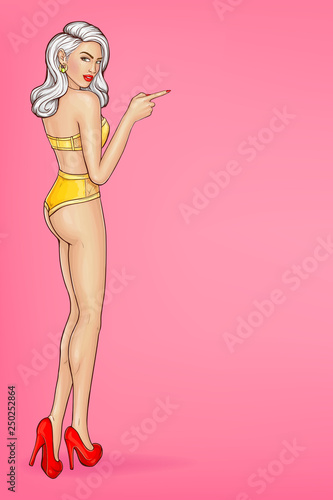 Sexy woman in underwear and red high-heeled shoe standing backwards, looking back over shoulder, pointing finger on some thing pop art vector illustration. Shop sales ad banner template with copyspace