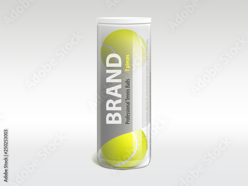 Three tennis balls in branded glossy transparent plastic tube 3d realistic vector. Professional sports equipment shop or store product mockup template, racket sport and fitness inventory illustration