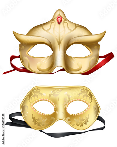 Vector 3d realistic set with Venetian face masks. Golden element for traditional Mardi Gras carnivals, holiday masquerade, costumed party dressing part illustration. Mystery, secret concept.