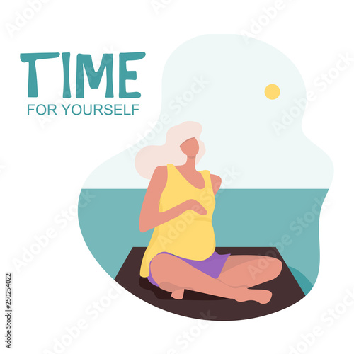 Vector Illustration. Young beautiful pregnancy woman character sitting position on the shore front in modern flat style. Fitness healthy lifestyle. Time for yourself.