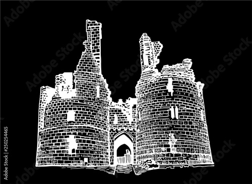 Graphical sketch of dunstanburgh castle isolated on black background,vector,Great Britain 