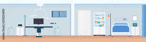 hospital operating table clean medical room intensive therapy patient ward with nursing care bed empty no people modern clinic furniture horizontal