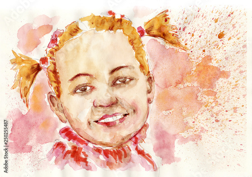 Fototapeta Naklejka Na Ścianę i Meble -  Happy girl in red by watercolor