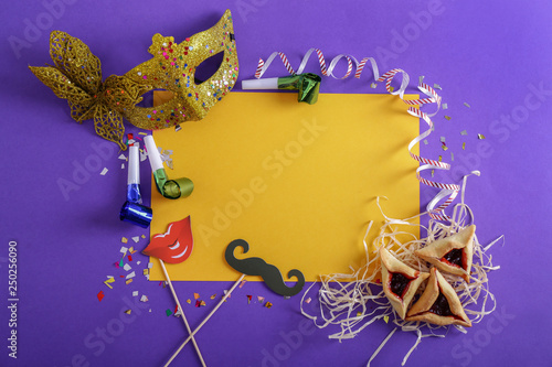 Composition for Purim holiday with space for text on color background photo