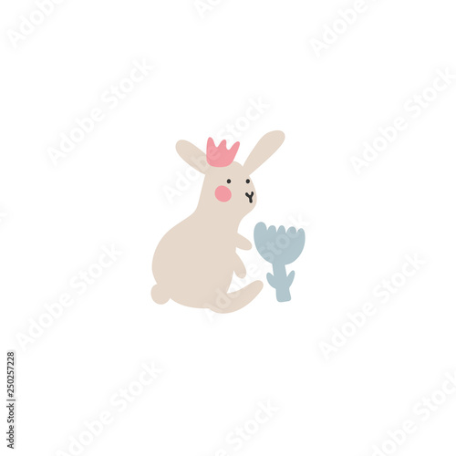 Adventures of Easter bunnies, who are looking for and hiding holiday eggs. Easter design elements in minimalistic vector style. Illustrations for kids. © Hanna V