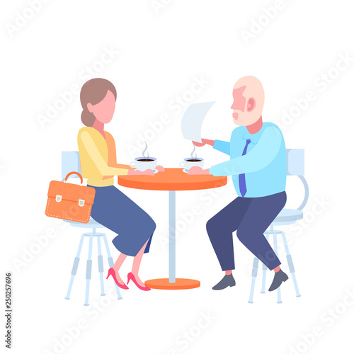 couple man woman sitting cafe table businesspeople reading contract document and drinking coffee white background flat full length