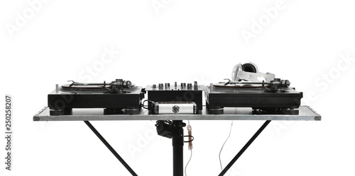 Modern DJ mixer on white ba...