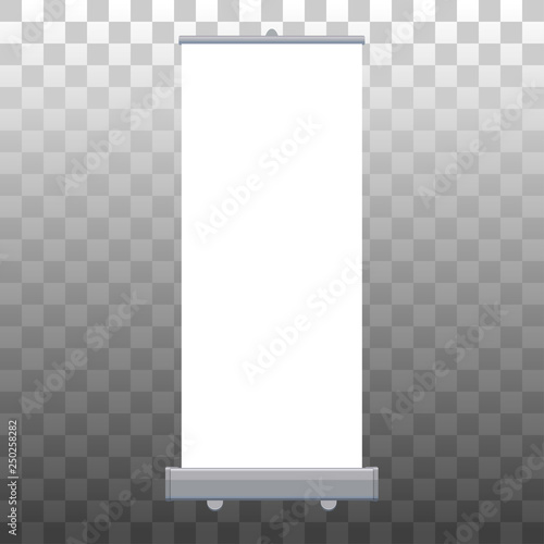 Roll up banner isolated. Vector empty display mockup for presentation or exhibition product. Vertical blank roll up stand template.