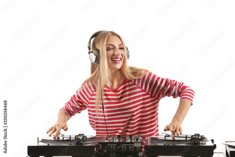 Female DJ playing music on white background Stock Photo | Adobe Stock