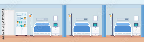 hospital room interior intensive therapy patient ward with medical tools row of nursing care bed empty no people modern clinic furniture horizontal