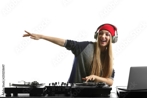 Female DJ playing music on white background