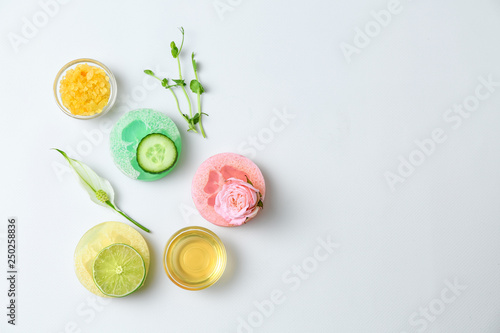 Natural ingredients for cosmetic and soap on white background