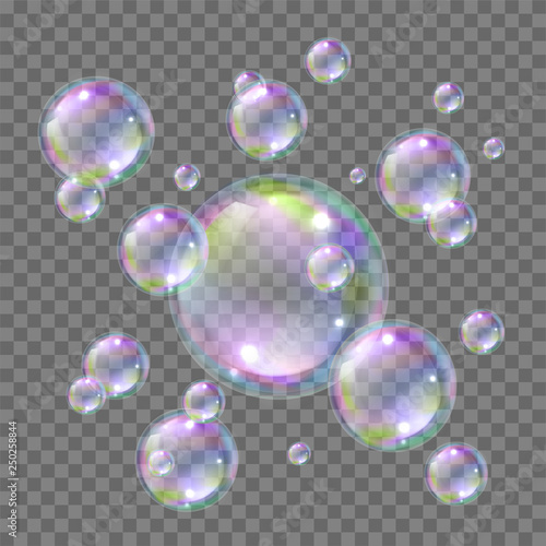Soap bright flying colorful bubbles realistic style