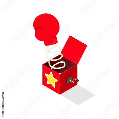Boxing glove jack in the box isometric icon. April fools day clipart image isolated on white background