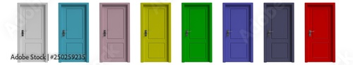 Set of various colors closed doors isolated cutout on white background. 3d illustration photo