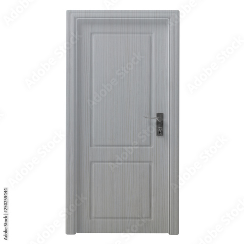Wooden decorated closed door isolated cutout on white background. 3d illustration