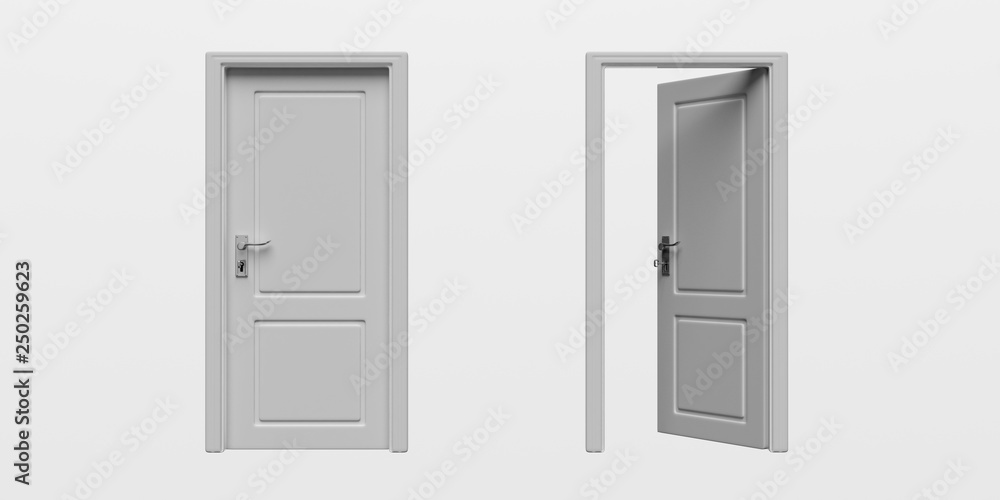 Set of closed and open doors isolated cutout on white background. 3d illustration Set of closed and open doors isolated cutout on white background. 3d illustration