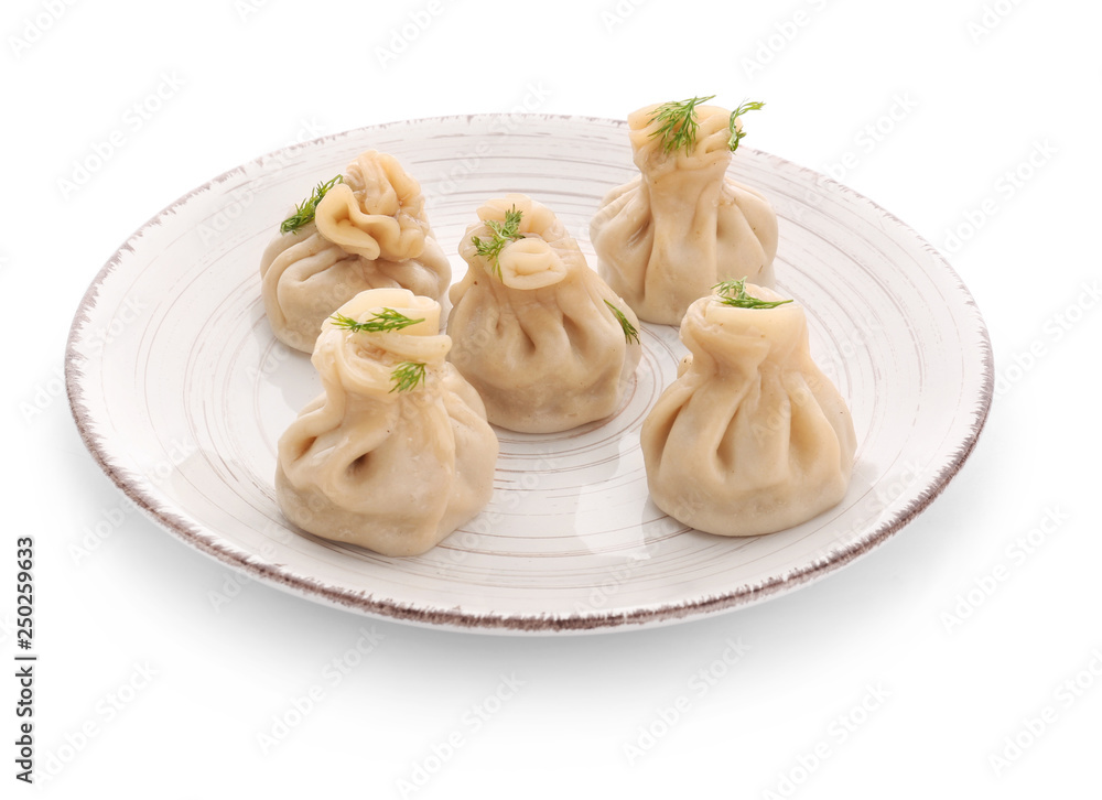 Plate with tasty dumplings on white background Plate with tasty dumplings on white background