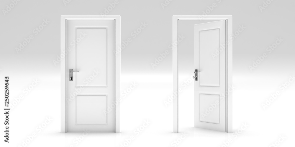 Set of closed and open doors isolated on white background. 3d illustration Set of closed and open doors isolated on white background. 3d illustration
