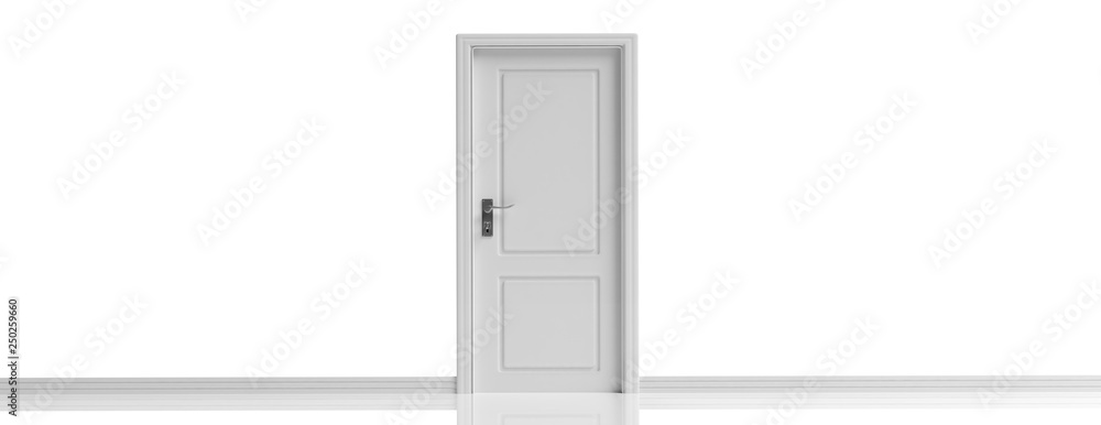 Closed door on white wall and floor background, banner, copy space. 3d illustration Closed door on white wall and floor background, banner, copy space. 3d illustration