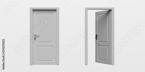 Set of closed and open doors isolated cutout on white background. 3d illustration