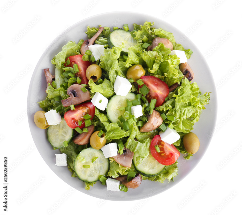 Plate with tasty fresh salad on white background Plate with tasty fresh salad on white background