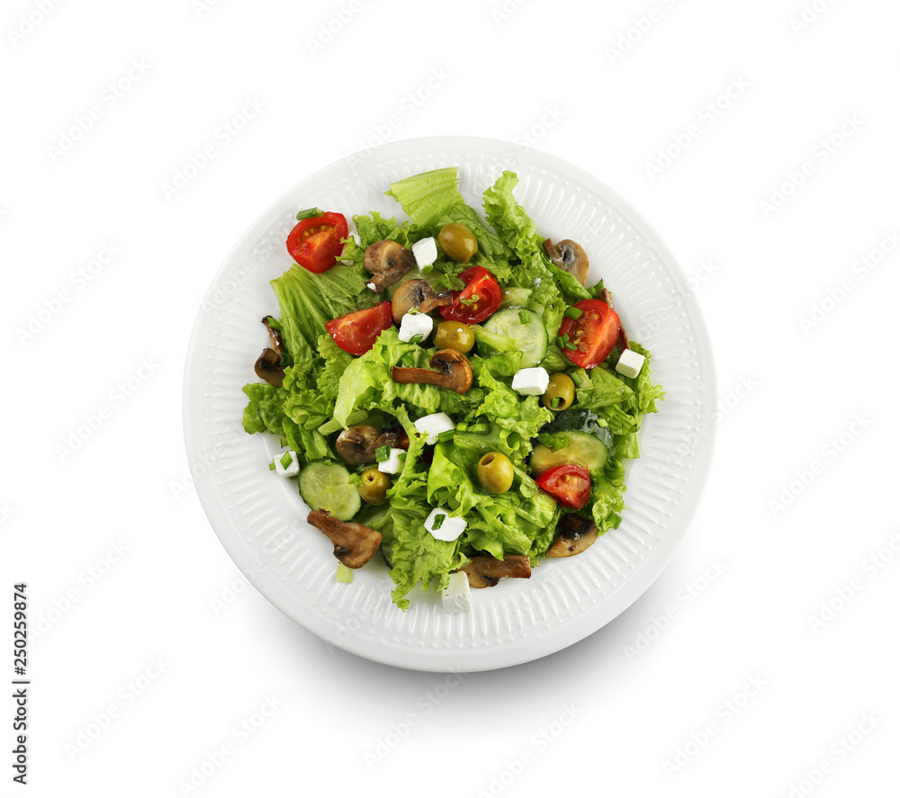 Plate with tasty fresh salad on white background Plate with tasty fresh salad on white background