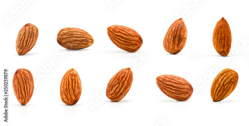 Isolated of almonds nut collection on white background. Clipping path -Image.