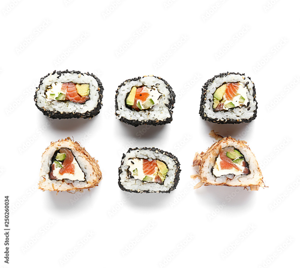 Tasty sushi rolls on white background Tasty sushi rolls on white background