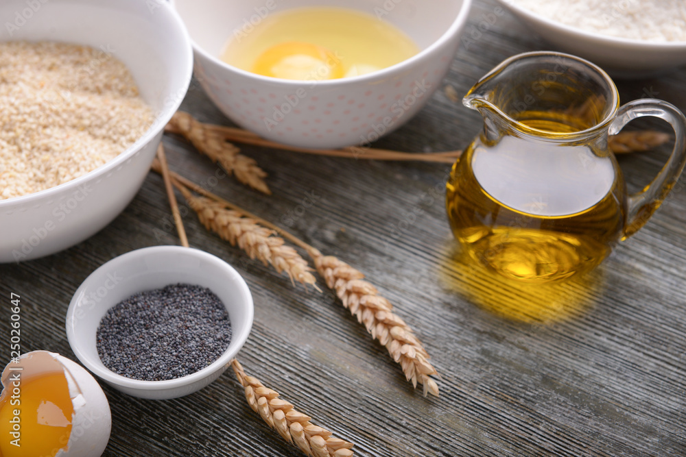 Ingredients for making bread on table Ingredients for making bread on table