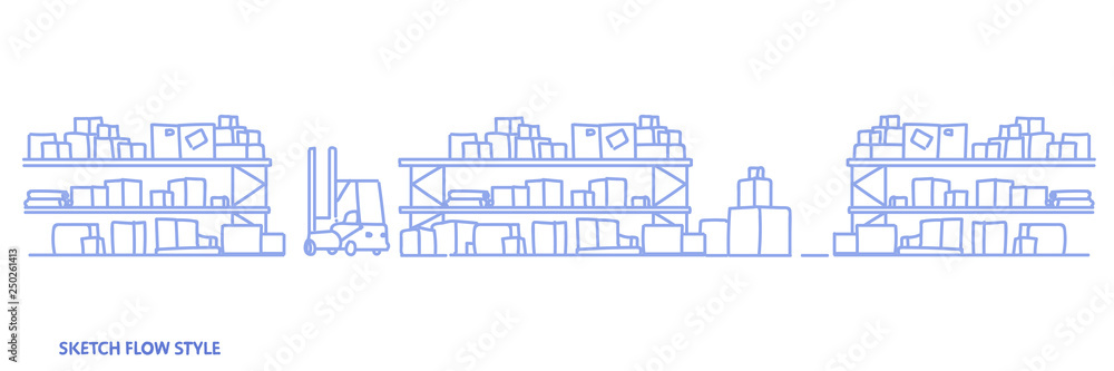 forklift in big warehouse interior empty no people storage logistic delivery service concept shelves with cardboard boxes sketch flow style horizontal banner forklift in big warehouse interior empty no people storage logistic delivery service concept shelves with cardboard boxes sketch flow style horizontal banner