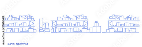 forklift in big warehouse interior empty no people storage logistic delivery service concept shelves with cardboard boxes sketch flow style horizontal banner