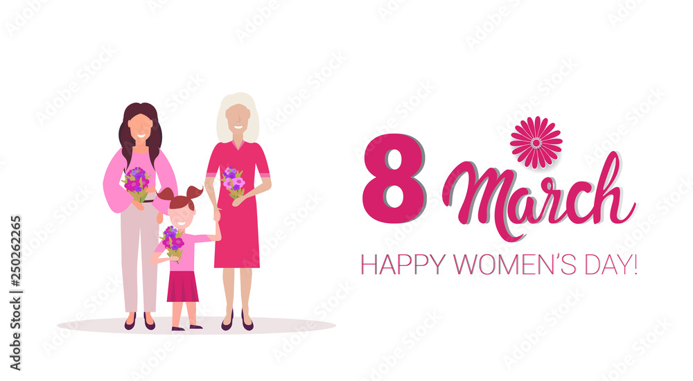 happy three generations women holding flowers international 8 march day celebrating concept female cartoon characters full length horizontal greeting card happy three generations women holding flowers international 8 march day celebrating concept female cartoon characters full length horizontal greeting card