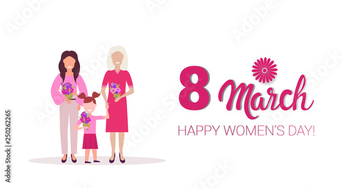 happy three generations women holding flowers international 8 march day celebrating concept female cartoon characters full length horizontal greeting card
