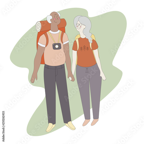 Isolated illustration of senior retired couple travelling. Active retired couple going to travel on their vacation. Happy grandparents with camera and bags on abstract background.