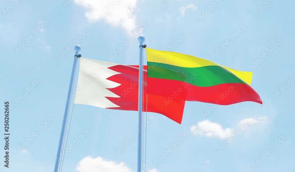 Lithuania and Bahrain, two flags waving against blue sky. 3d image Lithuania and Bahrain, two flags waving against blue sky. 3d image