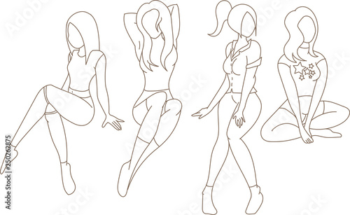 continuous line drawing of standing young women