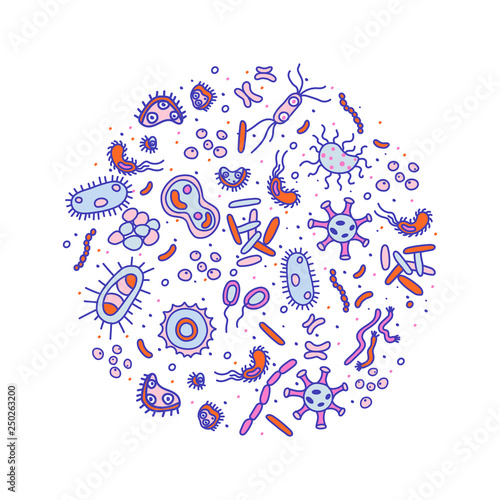 Bacteria, viruses and germs vector colorful banner. Collection of various microorganisms, fungi, protozoa on a white background. Set of disease causing microbes in blue colors.