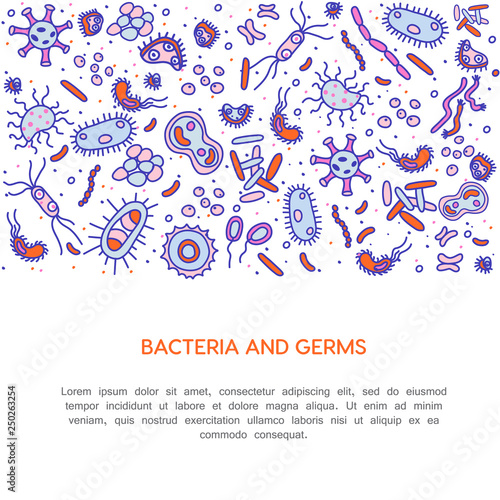Bacteria, viruses and germs vector colorful banner. Collection of various microorganisms, fungi, protozoa on a white background. Set of disease causing microbes in blue colors.