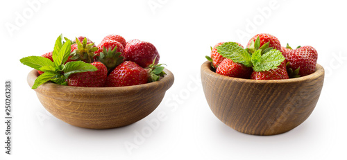 Bowls with strawberries isolated on white background. Ripe strawberries close-up. Background berry. Sweet and juicy berry with copy space for text. Strawberries on white background.