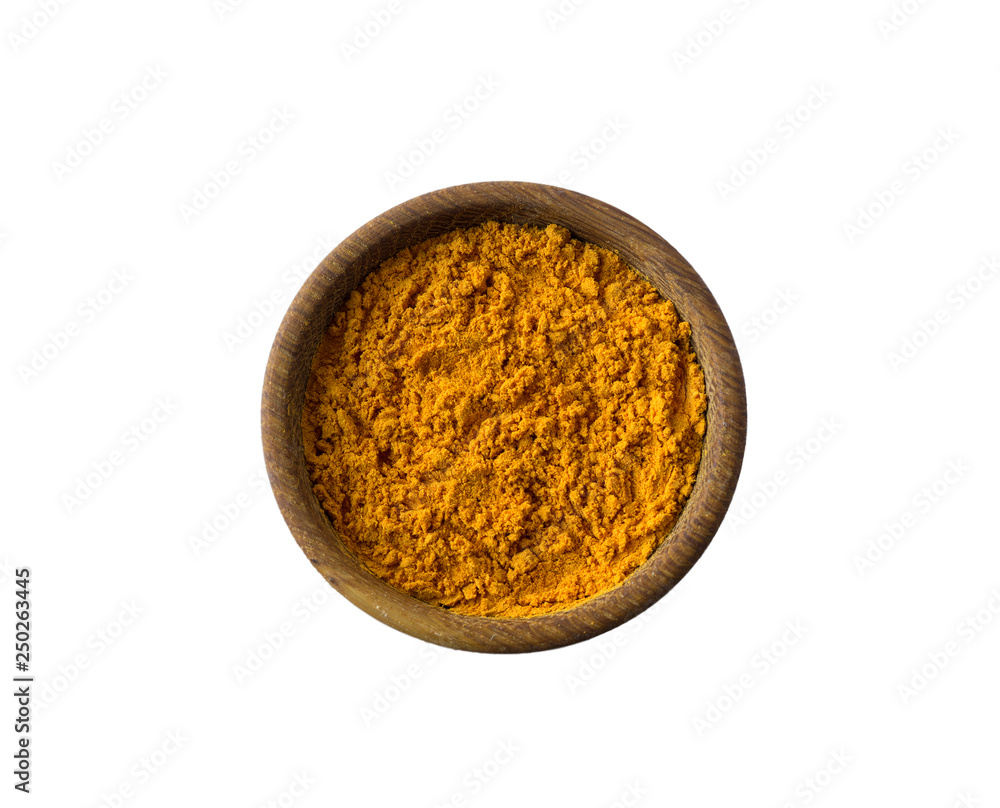 Turmeric in a wooden bowl isolated on white. Spice turmeric isolated on white background. Turmeric with copy space for text. Turmeric in a wooden bowl isolated on white. Spice turmeric isolated on white background. Turmeric with copy space for text.