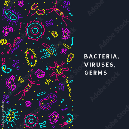 Bacteria, viruses and germs vector colorful banner. Collection of various microorganisms, fungi, protozoa on a dark background. Set of disease causing-microbes in neon colors with place for your text.