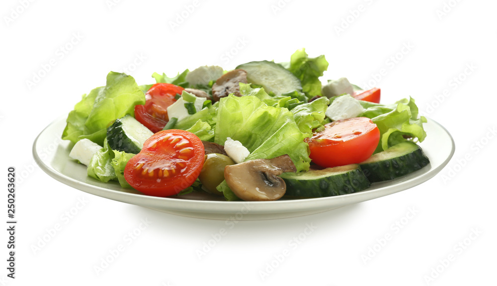 Plate with fresh salad on white background Plate with fresh salad on white background