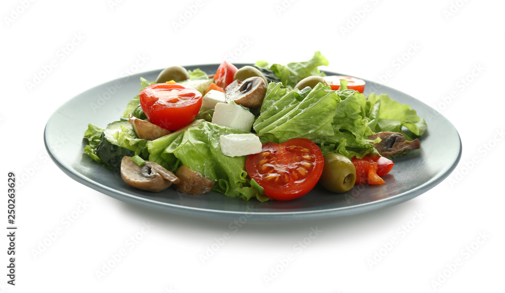 Plate with fresh salad on white background Plate with fresh salad on white background