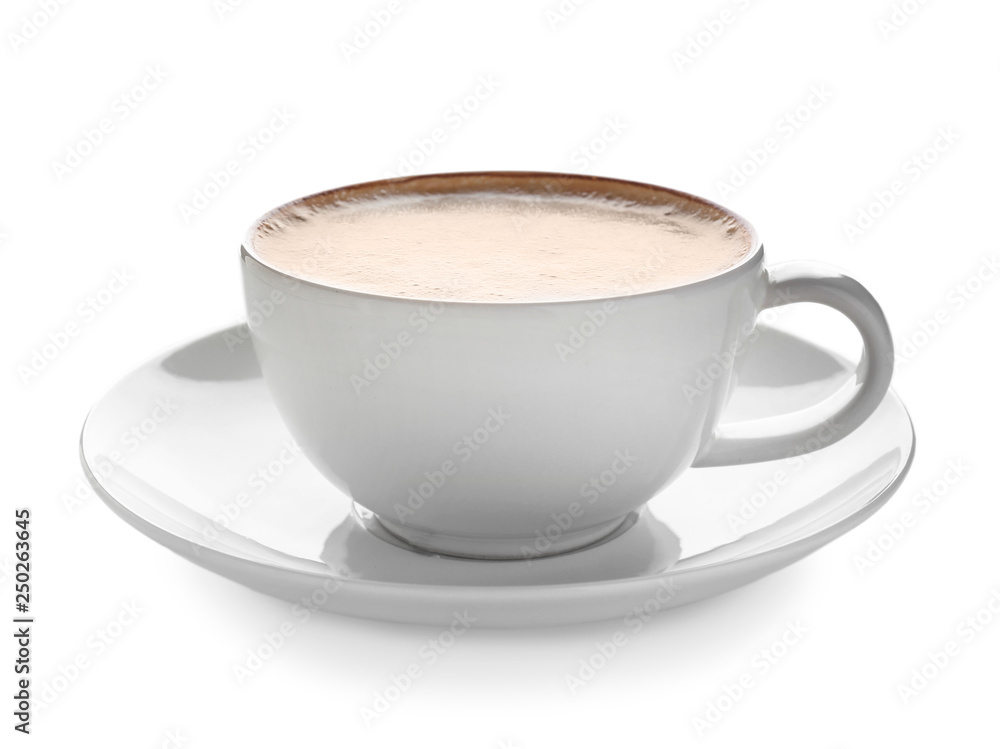 Obraz premium Cup of hot coffee on white background