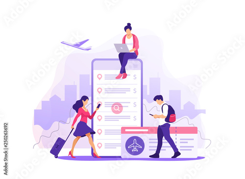 Flight tickets online booking concept. Buying ticket with smartphone. Vector illustration.