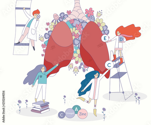 Healthy lungs vector with flowers on the background. Four doctors and nurses looking for the right vitamins for lungs functioning. Illustration of elements and minerals in pastel colors. 