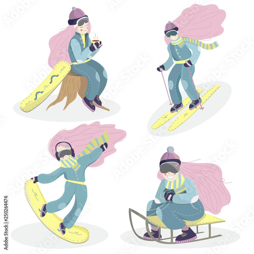 Set of isolated female cartoon characters. Winter activities: skiing, snowboarding, sledding. Vector illustrtion of an active girl with a pink hair and yellow snowbord, sleigh, skis.